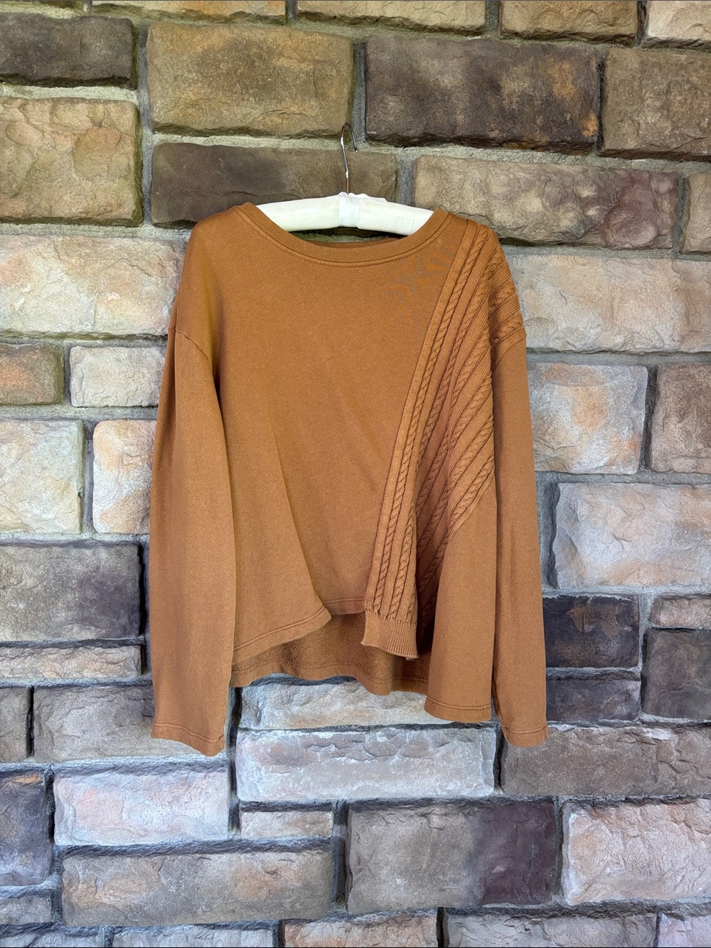 Wilt Distressed Cable-Accent Crewneck Sweatshirt- Camel